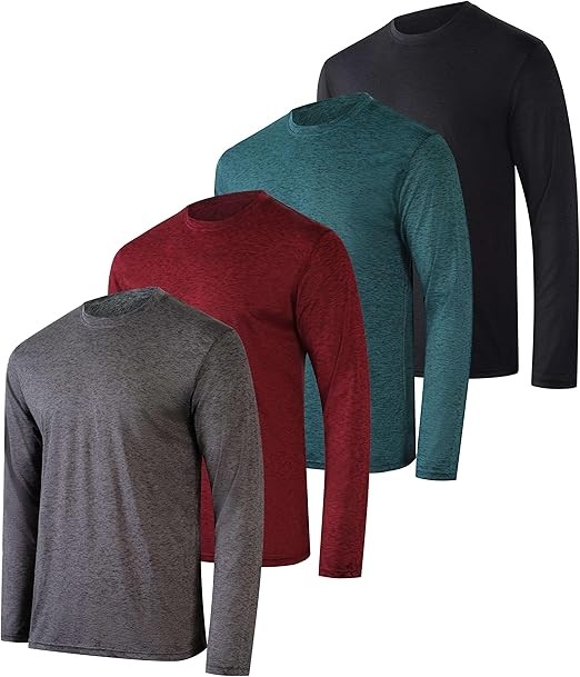 Real Essentials 4 Pack: Mens Long Sleeve Dry Fit T Shirts Hiking Fishing Workout Gym Work Sun UPF 50 Wicking Running Tee