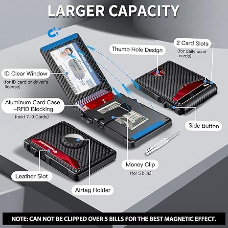 Airtag Wallet for Men, Mens Smart Wallet for Air Tag RFID Blocking, Minimalist Bifold Pop Up Aluminum Credit Card Case Holder 12+ Cards with ID Window, Gift for Men, No Airtag Included, Carbon Fiber