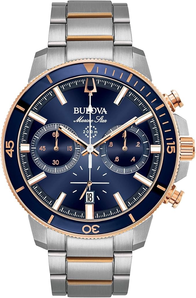 Bulova Men's Marine Star Series C Two-Tone Rose Gold Stainless Steel 6-Hand Chronograph Quartz Watch, Blue Dial Style: 98B301