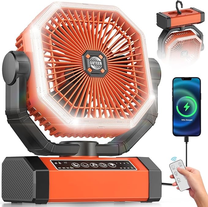 Battery Powered Fan - 9-Inch Rechargeable Fan Portable, 20000mAh(60Hrs) Camping Fans for Tent, Auto Oscillation Cordless, Tent Fans for Camping with Remote/light, 4 Speeds, 4 Timing, Outdoor