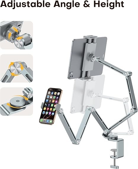 OMOTON Adjustable Tablet Stand for iPad, Desk Phone Holder for Bed with 2 Clamps, Flexible Aluminum Alloy Mount with 360° Rotation for 4-13" Devices