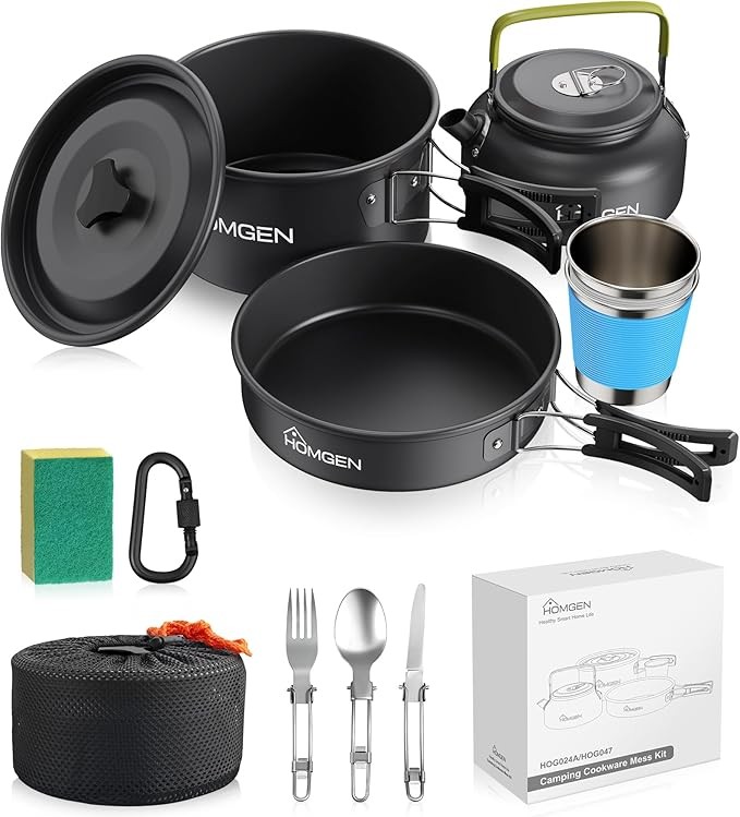 HOMGEN 12-Pieces Ultralight Anodized Aluminum Camping Cookware Set for 2 People - Nesting Pot/Pan with Foldable Handles 800ml Insulated Teapot & Stainless Cups for Camping Hiking
